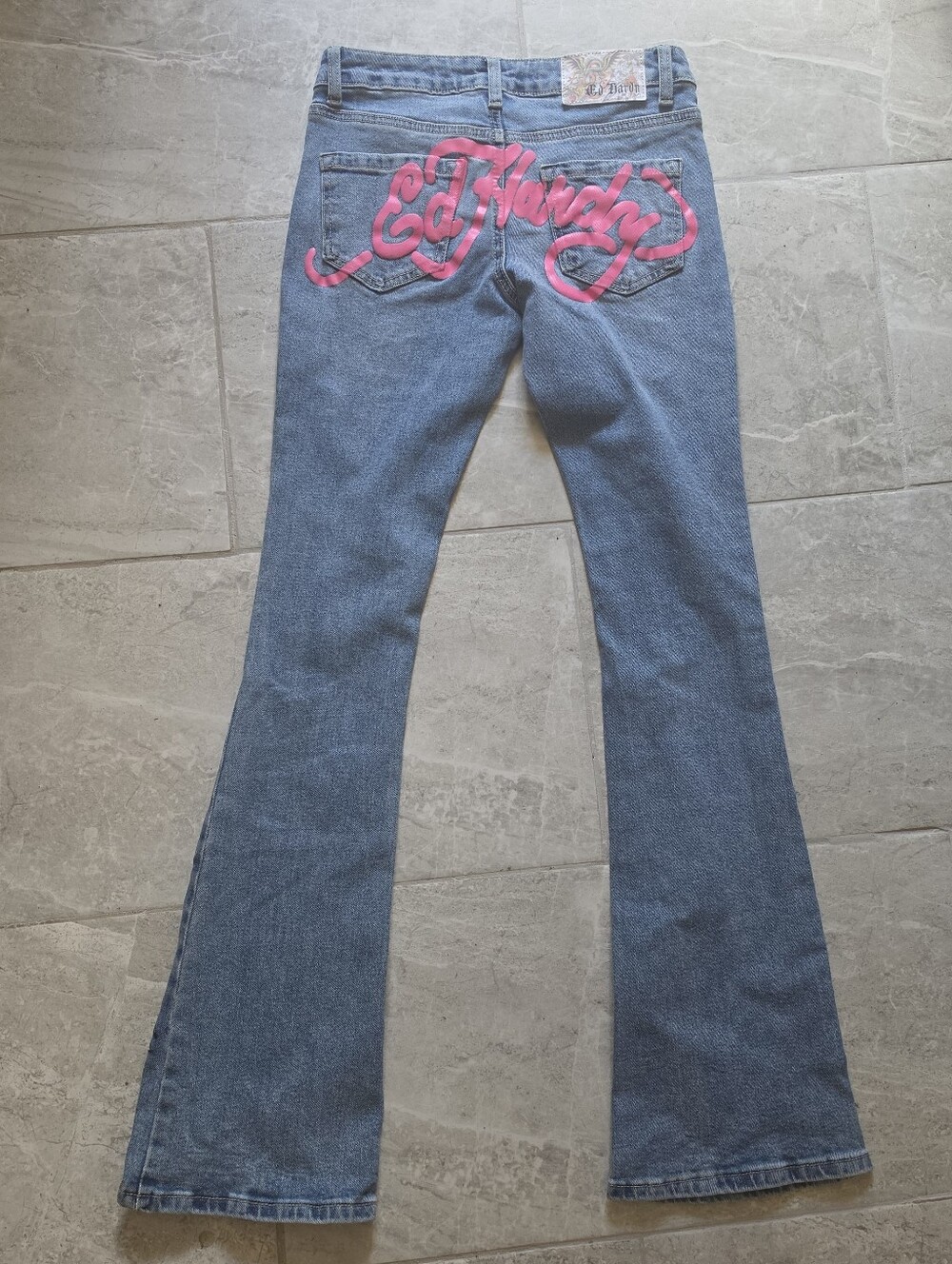 Ed Hardy Y2K Women's Low-Rise Flare Jeans Skull Rose Flame Tattoo 90s Vintage